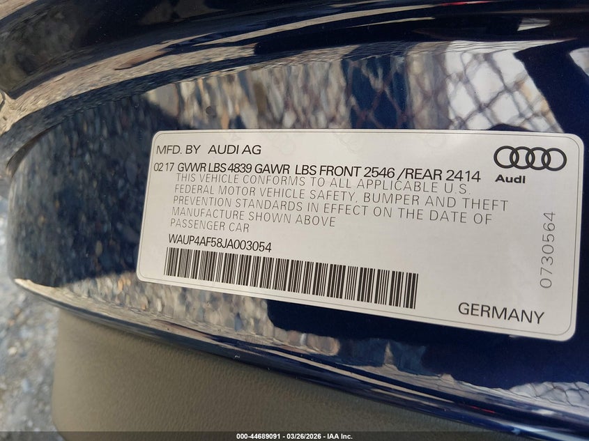 2018 Audi S5 VIN WAUP4AF58JA003054 IAAI salvage auction — RIGHT SIDE, Wait Title, sold $4,050 on 2026-07-28 (photo 9)