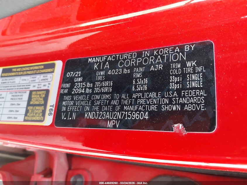 2022 Kia Soul VIN KNDJ23AU2N7159604 IAAI salvage auction — FRONT END, Wait Title, sold $2,500 on 2026-07-12 (photo 9)