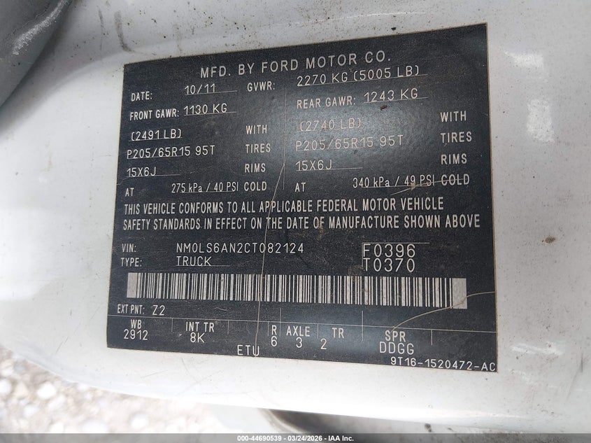 2012 Ford Transit VIN NM0LS6AN2CT082124 IAAI salvage auction — FRONT END, Clear (Arkansas), sold $700 on 2026-07-16 (photo 9)