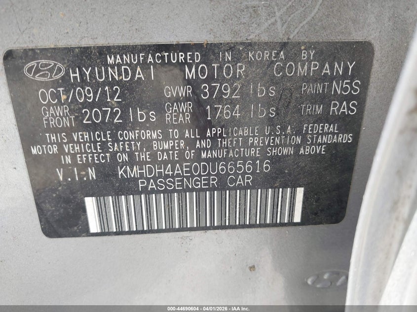 2013 Hyundai Elantra VIN KMHDH4AE0DU665616 IAAI salvage auction — STORM DAMAGE, Wait Title, sold $250 on 2026-07-23 (photo 9)