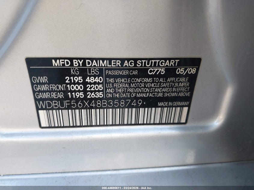 2008 Mercedes-benz E-klasse VIN WDBUF56X48B358749 IAAI salvage auction — REAR END, Salvage - Greater Than 75% (Maryland), sold $1,100 on 2026-07-07 (photo 9)