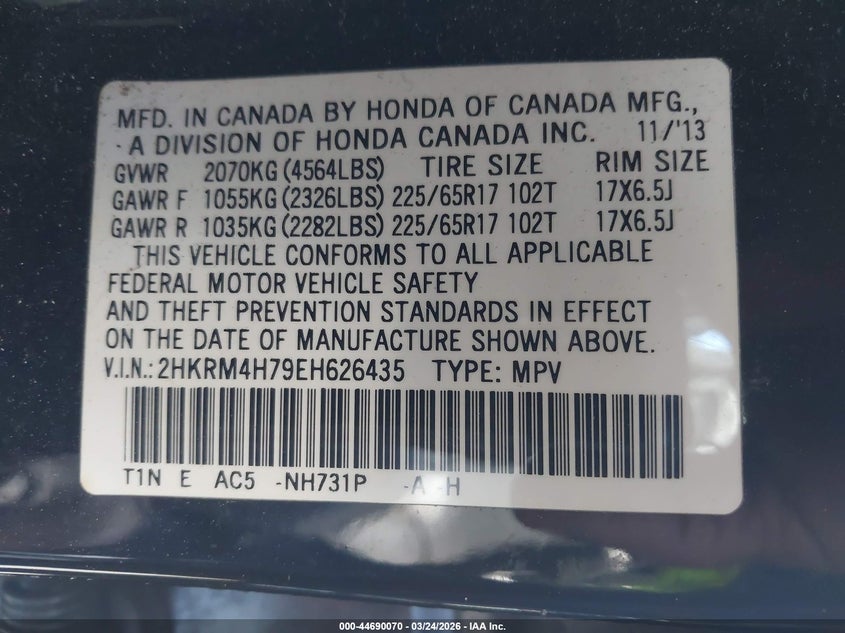 2014 Honda Cr-v VIN 2HKRM4H79EH626435 IAAI salvage auction — REAR END, Wait Title, sold $3,000 on 2026-07-17 (photo 9)