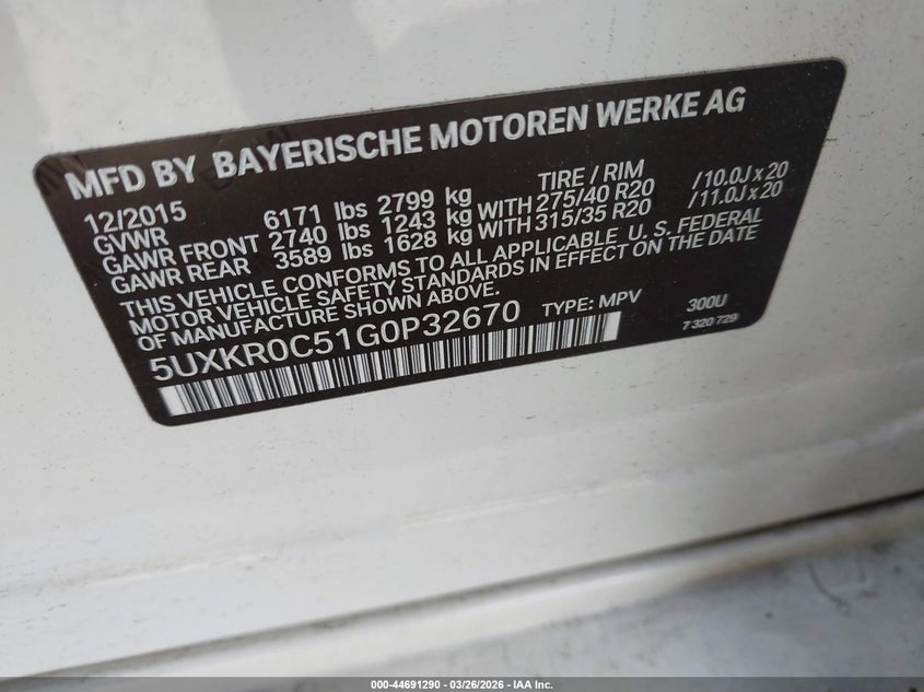 2016 BMW X5 VIN 5UXKR0C51G0P32670 IAAI salvage auction — RIGHT FRONT, Wait Title, sold $5,100 on 2026-07-21 (photo 9)