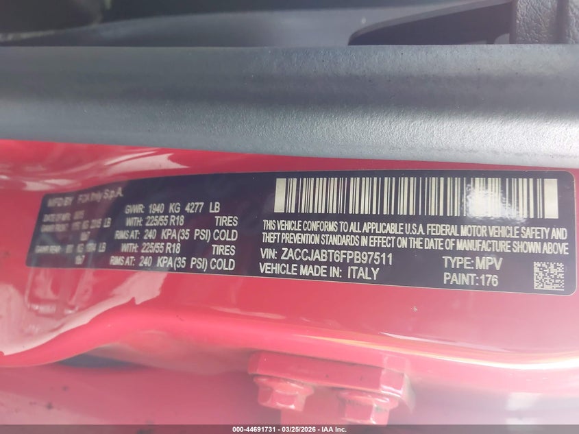 2015 Jeep Renegade VIN ZACCJABT6FPB97511 IAAI salvage auction — FRONT END, Wait Title, sold $475 on 2026-07-15 (photo 9)