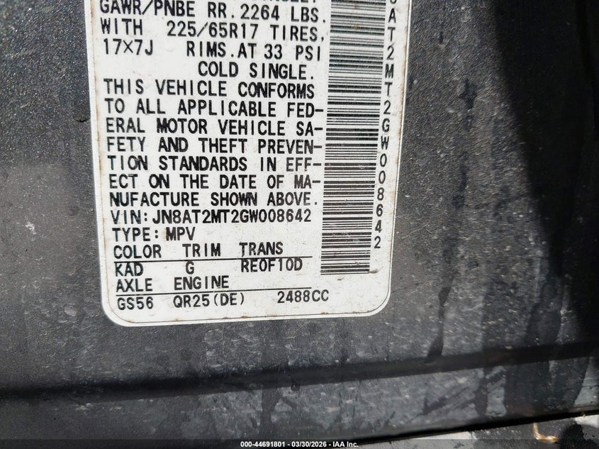 2016 Nissan Rogue VIN JN8AT2MT2GW008642 IAAI salvage auction — FRONT END, Wait Title, sold $475 on 2026-07-15 (photo 9)