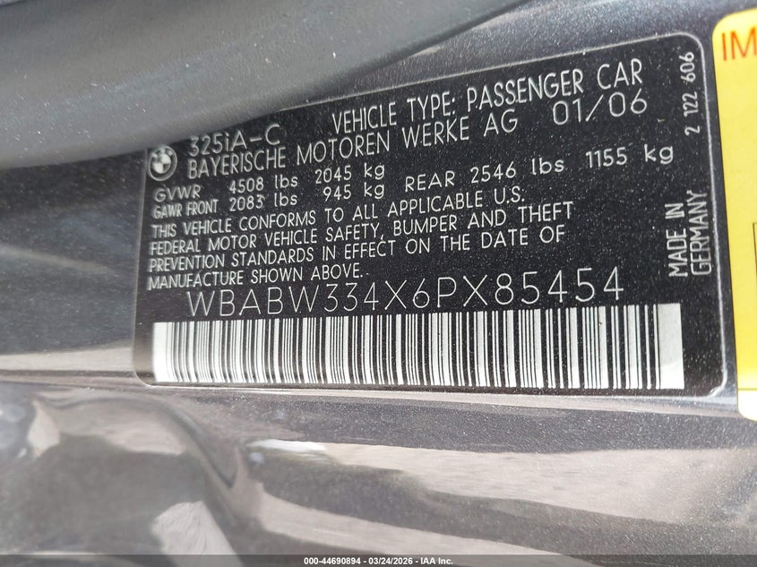 2006 BMW 3er VIN WBABW334X6PX85454 IAAI salvage auction — REAR END, Original (Texas), sold $1,700 on 2026-08-13 (photo 9)