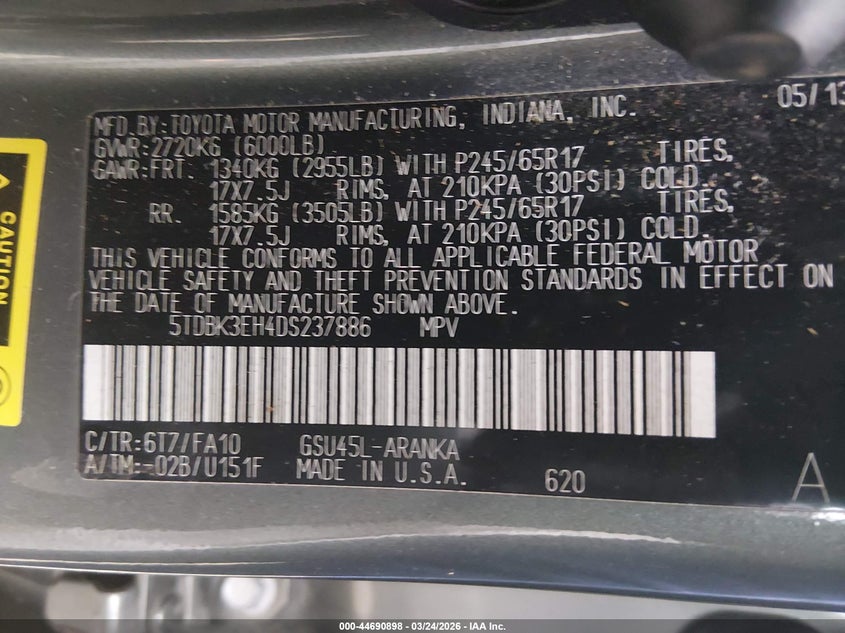 2013 Toyota Highlander VIN 5TDBK3EH4DS237886 IAAI salvage auction — LEFT SIDE, Salvage (Oregon), sold $2,850 on 2026-07-13 (photo 9)