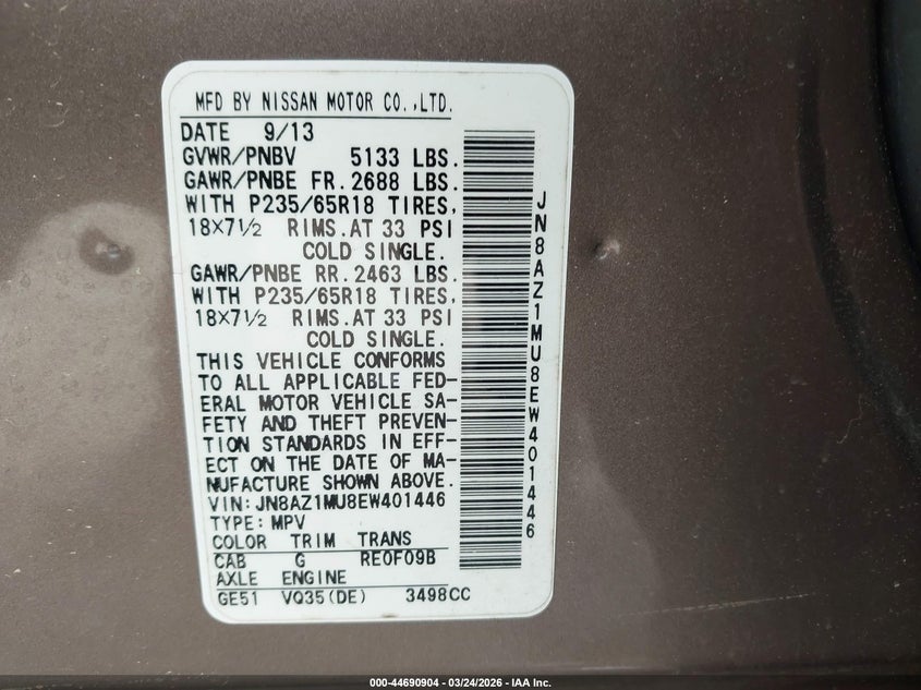 2014 Nissan Murano VIN JN8AZ1MU8EW401446 IAAI salvage auction — RIGHT REAR, Wait Title, sold $500 on 2026-07-22 (photo 9)
