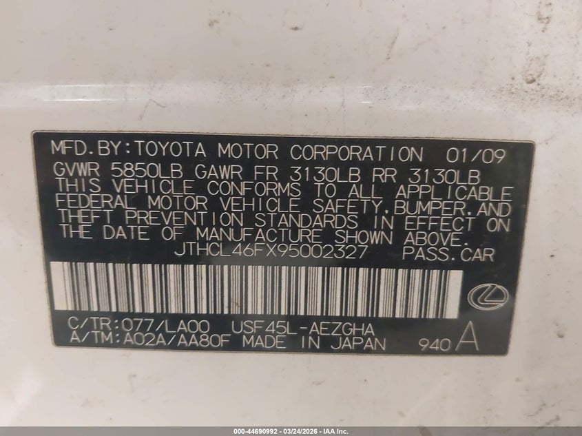 2009 Lexus Ls 460 VIN JTHCL46FX95002327 IAAI salvage auction — RIGHT SIDE, Clear (Montana), sold $1,225 on 2026-07-20 (photo 9)