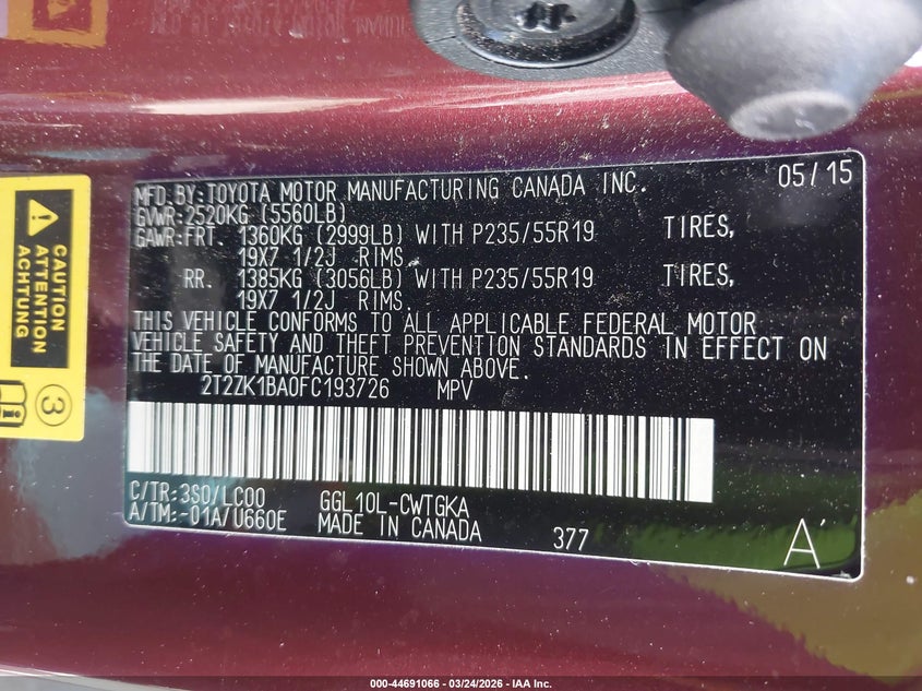 2015 Lexus Rx VIN 2T2ZK1BA0FC193726 IAAI salvage auction — FRONT END, Wait Title, sold $5,900 on 2026-07-10 (photo 9)