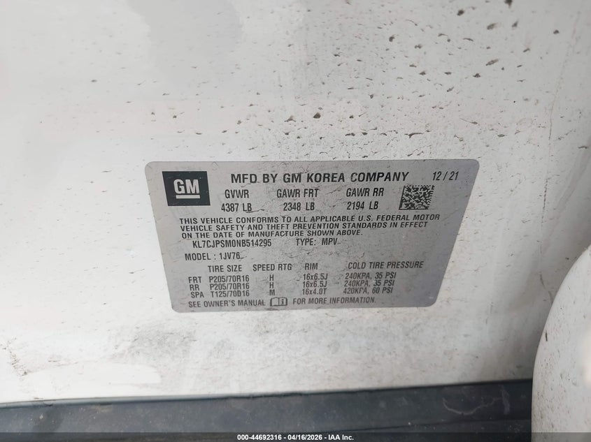 2022 Chevrolet Trax VIN KL7CJPSM0NB514295 IAAI salvage auction — FRONT END, Original (Texas), sold $2,375 on 2026-07-23 (photo 9)