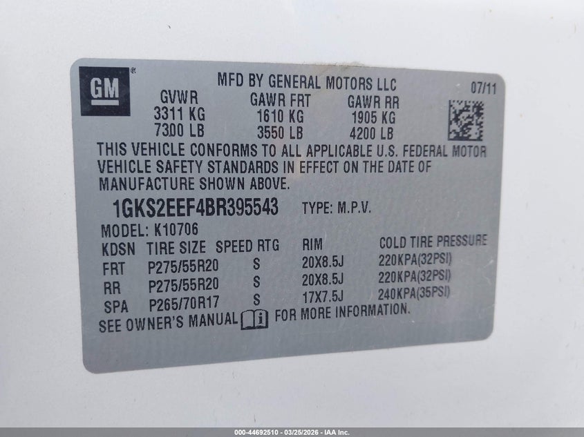 2011 Gmc Yukon VIN 1GKS2EEF4BR395543 IAAI salvage auction — RIGHT SIDE, Clear (Oklahoma), sold $1,275 on 2026-08-21 (photo 9)