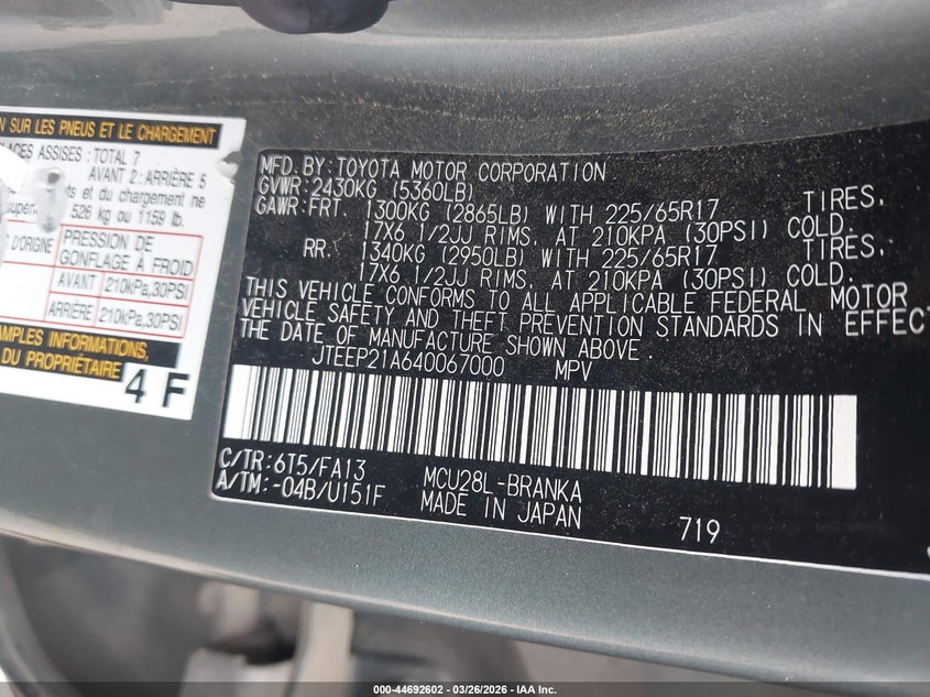 2004 Toyota Highlander VIN JTEEP21A640067000 IAAI salvage auction — FRONT END, Salvage (Texas), sold $525 on 2026-07-09 (photo 9)