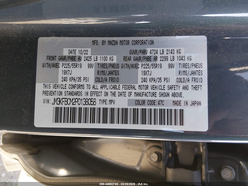 2023 Mazda Cx-5 VIN JM3KFBCM2P0138058 IAAI salvage auction — ROOF, Salvage (Kansas), sold $5,350 on 2026-07-10 (photo 9)