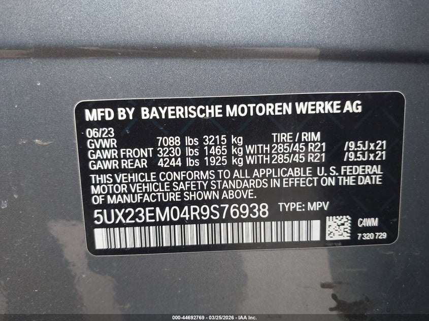 2024 BMW X7 VIN 5UX23EM04R9S76938 IAAI salvage auction — RIGHT FRONT, Wait Title, sold $40,050 on 2026-07-14 (photo 9)