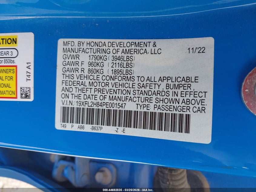 2023 Honda Civic VIN 19XFL2H84PE001547 IAAI salvage auction — FRONT END, Wait Title, sold $4,375 on 2026-08-24 (photo 9)