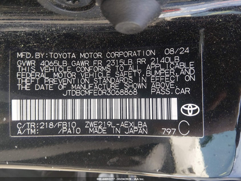 2024 Toyota Corolla VIN JTDBCMFE0R3068868 IAAI salvage auction — RIGHT SIDE, Wait Title, sold $5,800 on 2026-07-08 (photo 9)