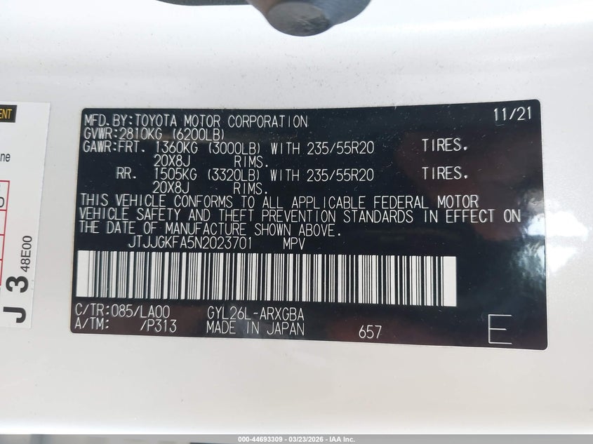 2022 Lexus Rx VIN JTJJGKFA5N2023701 IAAI salvage auction — LEFT FRONT, Wait Title, sold $21,000 on 2026-07-29 (photo 9)