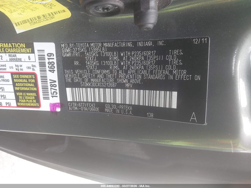 2012 Toyota Sienna VIN 5TDKK3DCXCS212687 IAAI salvage auction — REAR END, Wait Title, sold $1,050 on 2026-07-14 (photo 9)