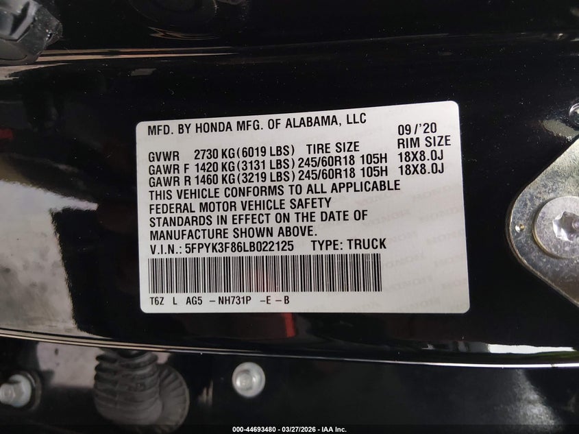 2020 Honda Ridgeline VIN 5FPYK3F86LB022125 IAAI salvage auction — FRONT END, Salvage (Kentucky), sold $7,100 on 2026-07-29 (photo 9)