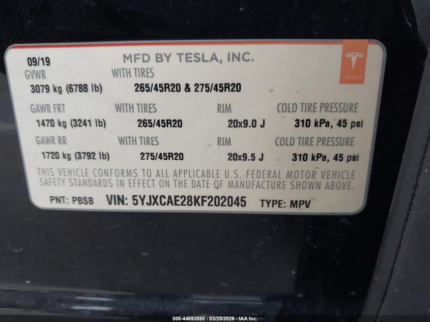 2019 Tesla Model x VIN 5YJXCAE28KF202045 IAAI salvage auction — RIGHT SIDE, Salvage (California), sold $5,700 on 2026-07-29 (photo 9)