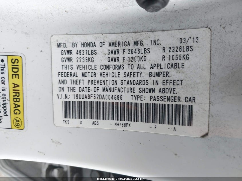 2013 Acura Tl VIN 19UUA9F52DA004896 IAAI salvage auction — FRONT END, Salvage (Oregon), sold $1,150 on 2026-07-09 (photo 9)
