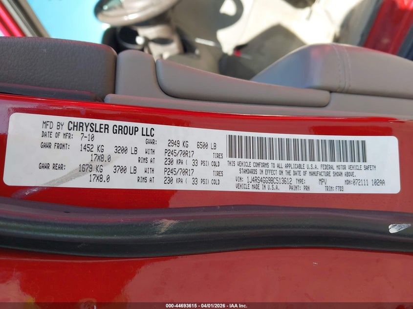 2011 Jeep Grand cherokee VIN 1J4RS4GG9BC513612 IAAI salvage auction — REAR END, Salvage (Arizona), sold $1,850 on 2026-07-19 (photo 9)