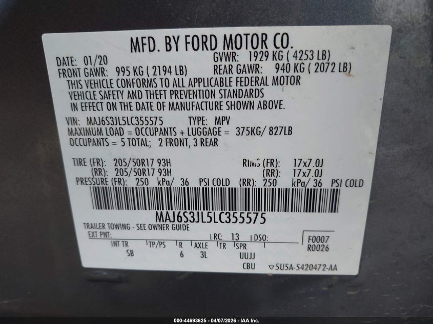 2020 Ford Ecosport VIN MAJ6S3JL5LC355575 IAAI salvage auction — RIGHT FRONT, Salvage (Missouri), sold $1,050 on 2026-07-08 (photo 9)