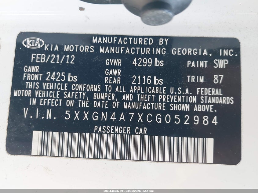 2012 Kia Optima VIN 5XXGN4A7XCG052984 IAAI salvage auction — FRONT END, Wait Title, sold $700 on 2026-07-17 (photo 9)