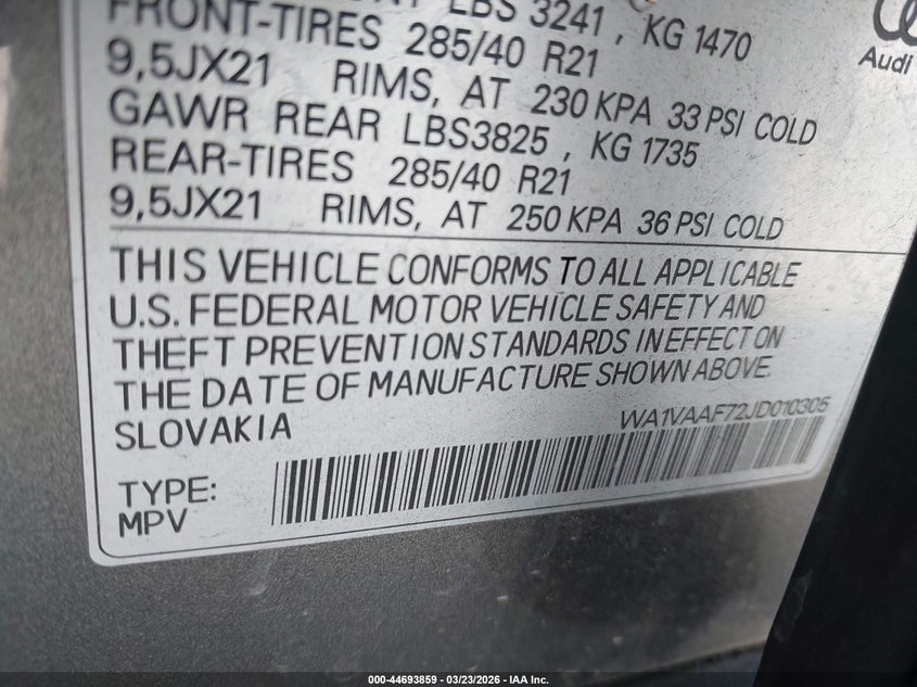 2018 Audi Q7 VIN WA1VAAF72JD010305 IAAI salvage auction — FRONT END, Salvage (California), sold $7,700 on 2026-07-08 (photo 9)