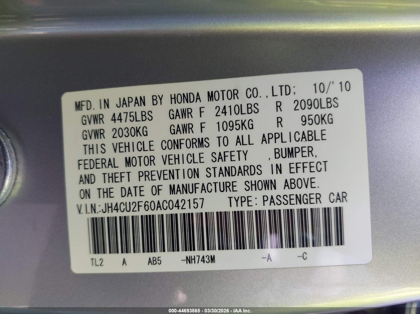 2010 Acura Tsx VIN JH4CU2F60AC042157 IAAI salvage auction — FRONT END, Salvage (Texas), sold $1,375 on 2026-07-14 (photo 9)