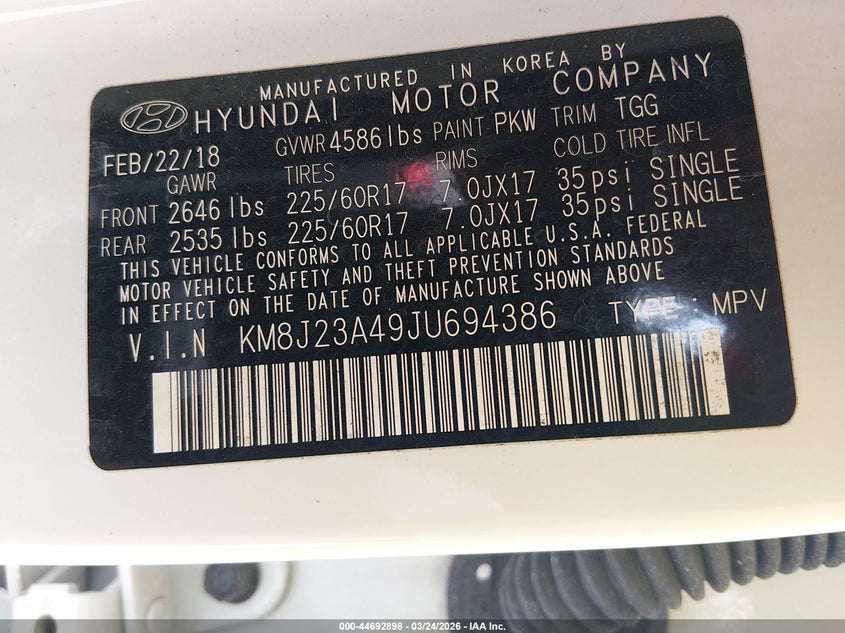 2018 Hyundai Tucson VIN KM8J23A49JU694386 IAAI salvage auction — REAR END, Certificate Of Destruction (Florida), sold $2,775 on 2026-07-08 (photo 9)