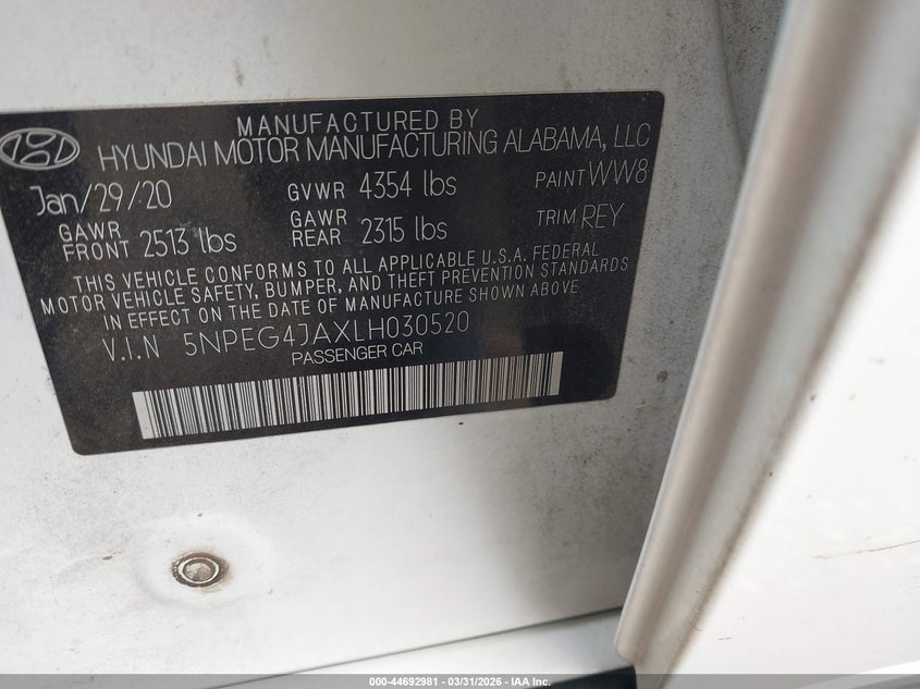 2020 Hyundai Sonata VIN 5NPEG4JAXLH030520 IAAI salvage auction — HAIL, Original (Texas), sold $2,750 on 2026-07-29 (photo 9)