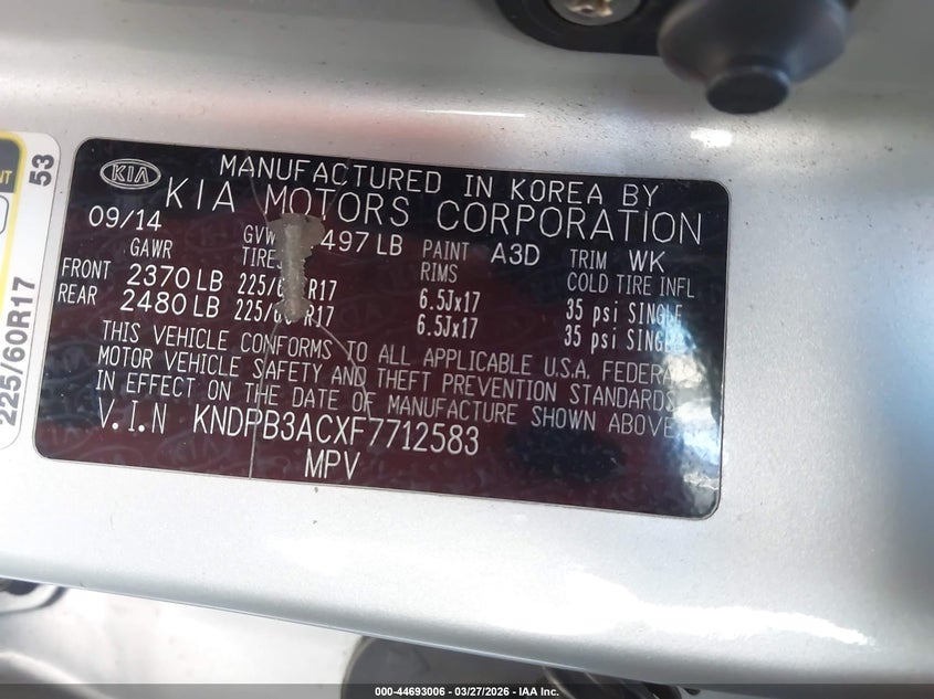 2015 Kia Sportage VIN KNDPB3ACXF7712583 IAAI salvage auction — REAR END, Wait Title, sold $2,025 on 2026-07-21 (photo 9)