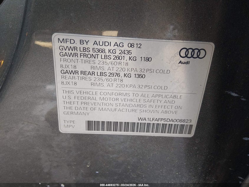 2013 Audi Q5 VIN WA1LFAFP5DA008823 IAAI salvage auction — FRONT END, Salvage (Massachusetts), sold $850 on 2026-07-31 (photo 9)