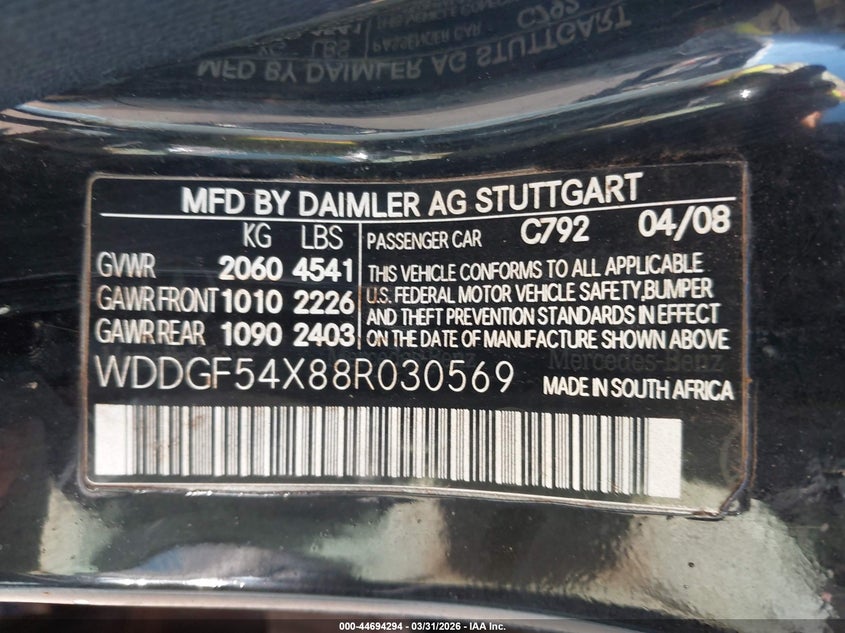 2008 Mercedes-benz C class VIN WDDGF54X88R030569 IAAI salvage auction — WATER/FLOOD, Salvage (Hawaii), sold $175 on 2026-08-04 (photo 9)