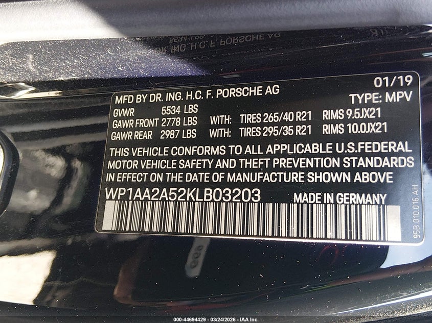 2019 Porsche Macan VIN WP1AA2A52KLB03203 IAAI salvage auction — FRONT END, Wait Title, sold $5,900 on 2026-07-13 (photo 9)