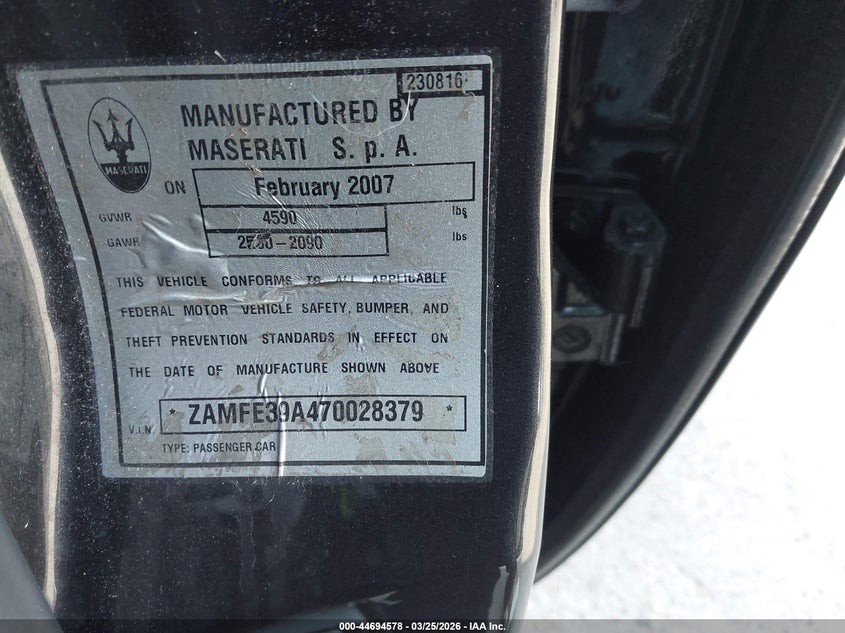 2007 Maserati Quattroporte VIN ZAMFE39A470028379 IAAI salvage auction — LEFT FRONT, Salvage (Texas), sold $1,425 on 2026-07-09 (photo 9)