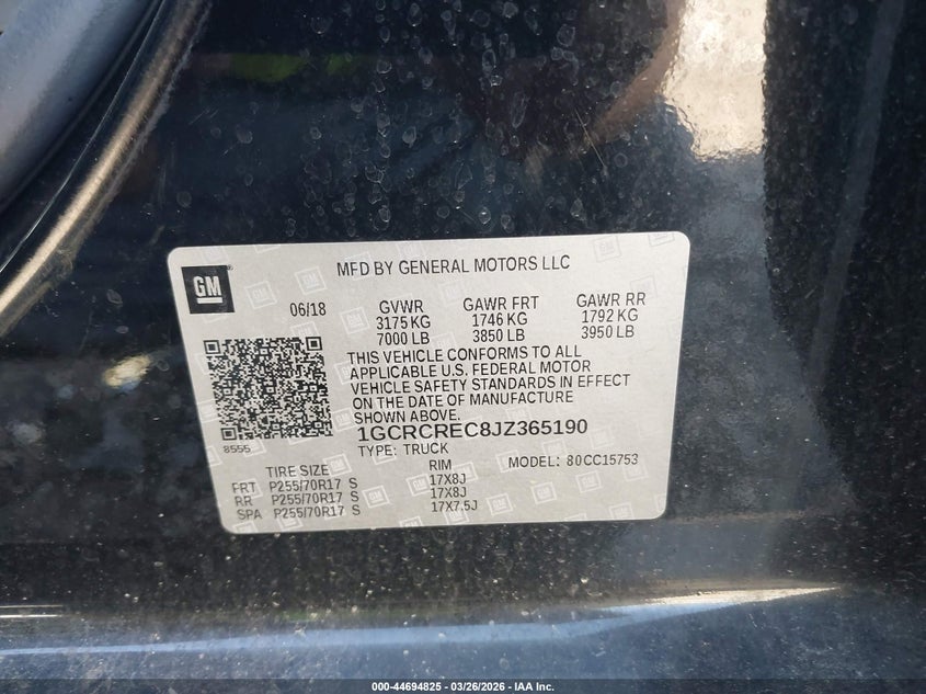 2018 Chevrolet Silverado VIN 1GCRCREC8JZ365190 IAAI salvage auction — FRONT END, Clear (Arkansas), sold $2,325 on 2026-08-22 (photo 9)