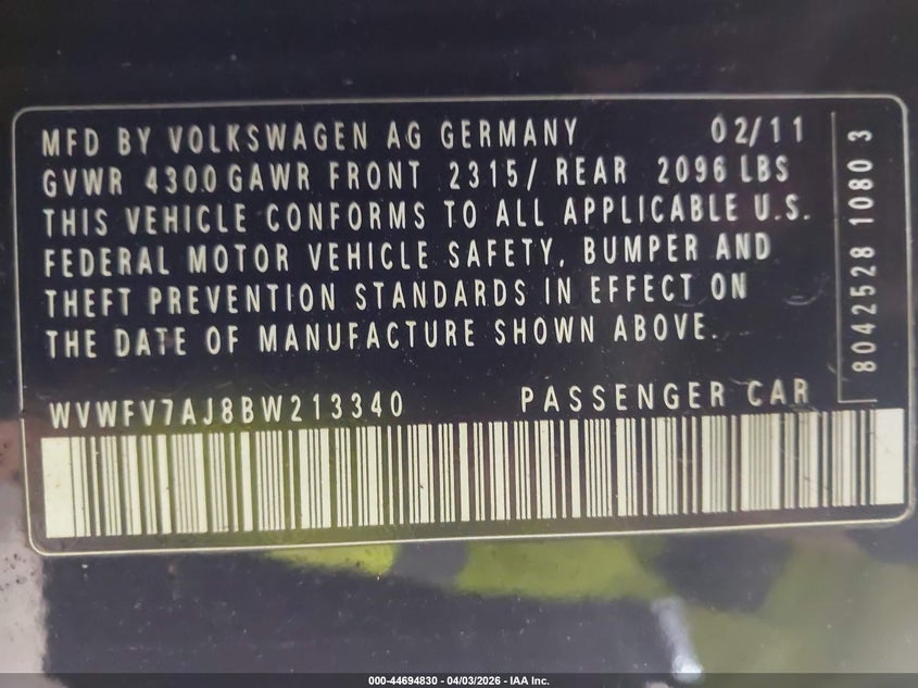 2011 Volkswagen Gti VIN WVWFV7AJ8BW213340 IAAI salvage auction — MECHANICAL, Salvage (Texas), sold $500 on 2026-07-08 (photo 9)