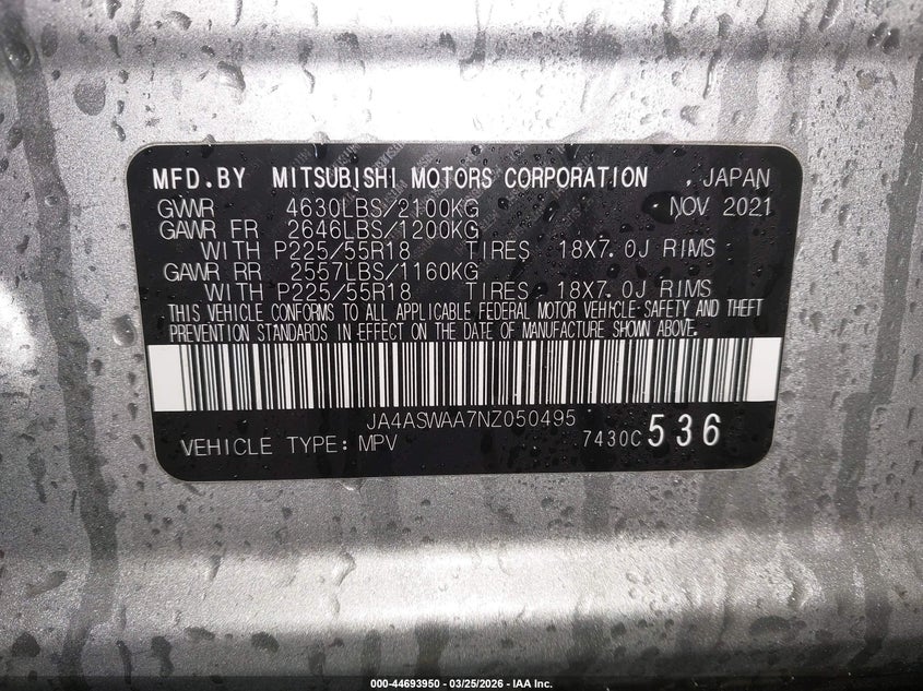 2022 Mitsubishi Eclipse cross VIN JA4ASWAA7NZ050495 IAAI salvage auction — FRONT END, Wait Title, sold $450 on 2026-07-10 (photo 9)