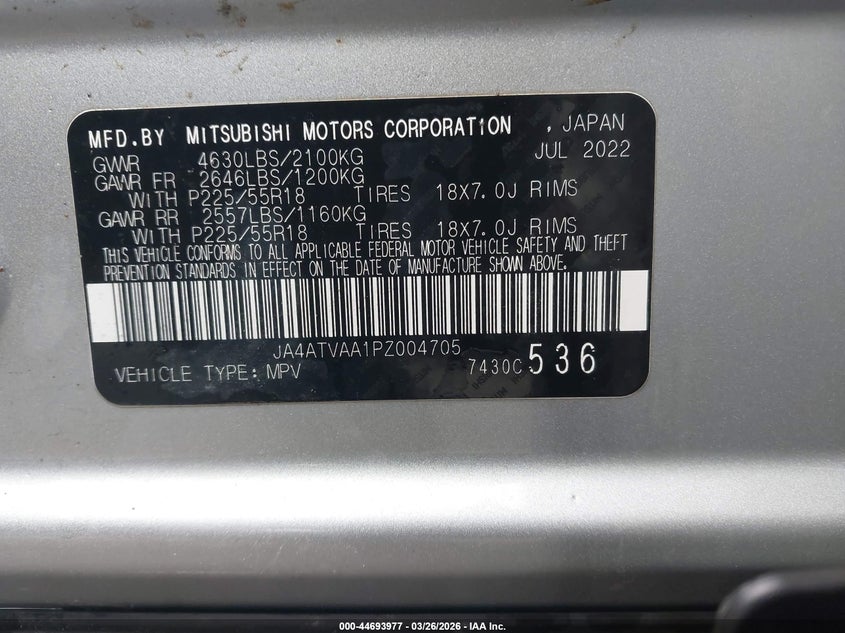 2023 Mitsubishi Eclipse cross VIN JA4ATVAA1PZ004705 IAAI salvage auction — FRONT END, Salvage (West Virginia), sold $4,850 on 2026-07-15 (photo 9)