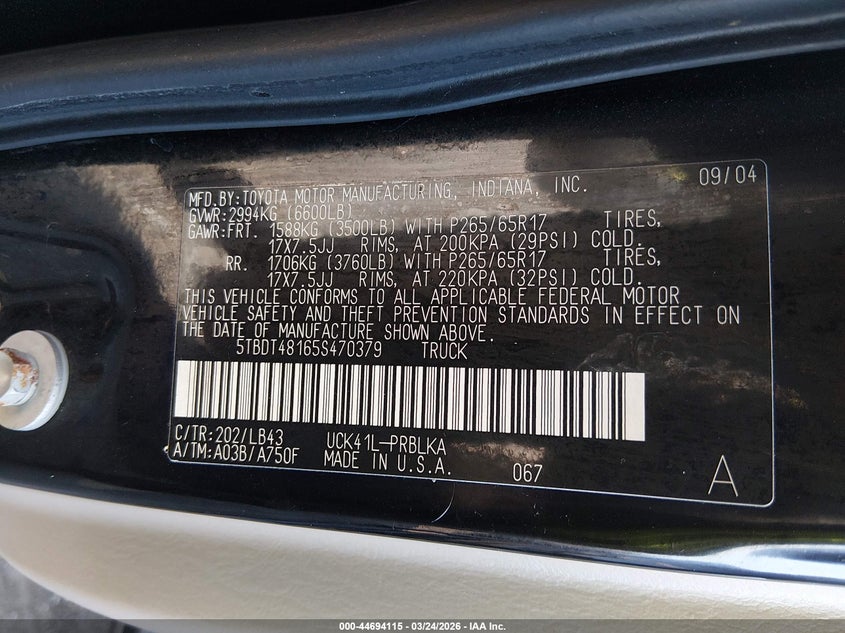 2005 Toyota Tundra VIN 5TBDT48165S470379 IAAI salvage auction — FRONT END, Clear (Indiana), sold $1,750 on 2026-07-22 (photo 9)