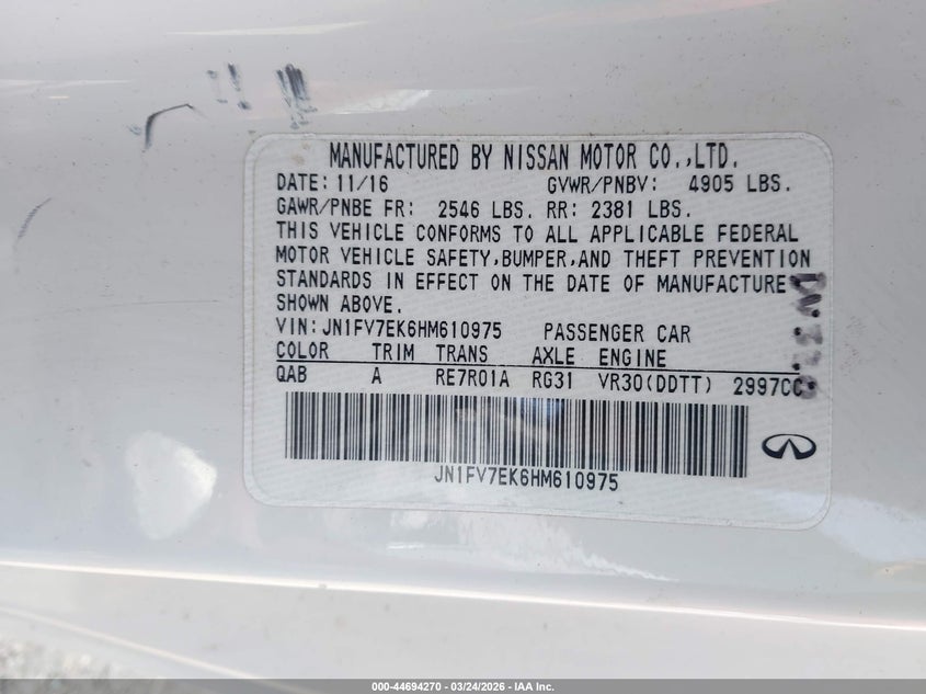 2017 Infiniti Q60 VIN JN1FV7EK6HM610975 IAAI salvage auction — FRONT END, Wait Title, sold $5,700 on 2026-07-09 (photo 9)