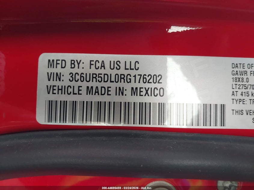 2024 Ram 2500 VIN 3C6UR5DL0RG176202 IAAI salvage auction — LEFT FRONT, Original (Texas), sold $8,900 on 2026-07-28 (photo 9)