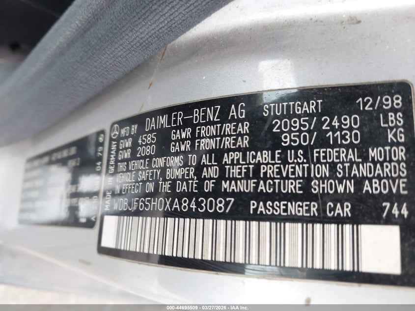 1999 Mercedes-benz E-klasse VIN WDBJF65H0XA843087 IAAI salvage auction — FRONT & REAR, Salvage (New Jersey), sold $475 on 2026-07-13 (photo 9)
