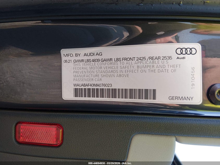 2021 Audi A4 VIN WAUABAF40MA076023 IAAI salvage auction — FRONT END, Wait Title, sold $2,375 on 2026-07-07 (photo 9)