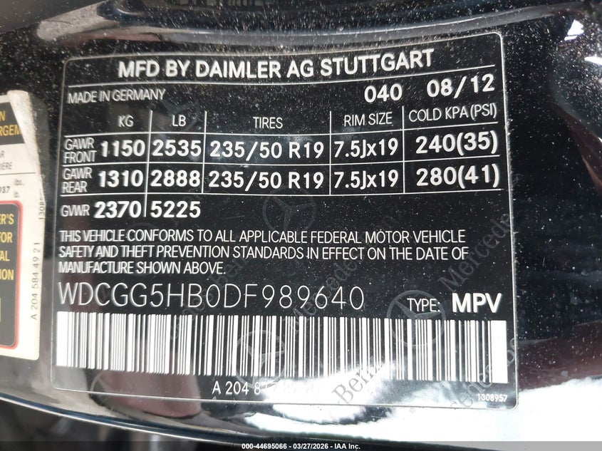 2013 Mercedes-benz Glk-klasse VIN WDCGG5HB0DF989640 IAAI salvage auction — FRONT END, Clear (Oklahoma), sold $3,200 on 2026-08-01 (photo 9)