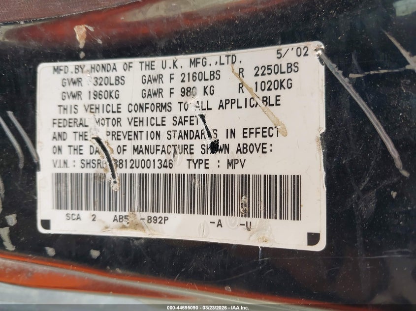 2002 Honda Cr-v VIN SHSRD78812U001346 IAAI salvage auction — FRONT END, Salvage (Texas), sold $525 on 2026-07-28 (photo 9)