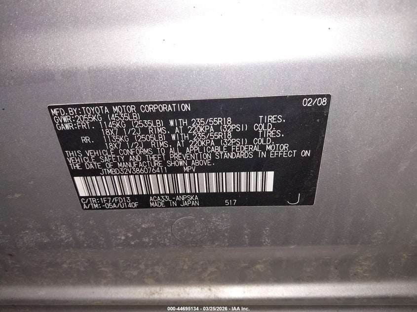 2008 Toyota Rav 4 VIN JTMBD32V386076411 IAAI salvage auction — RIGHT FRONT, Salvage (New Jersey), sold $125 on 2026-07-23 (photo 9)